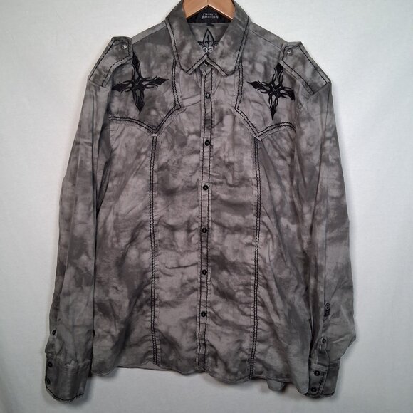 Roar Shirt Men XL Embroidered Distressed Long Sleeve Button Up Y2K Biker Rock - Picture 2 of 16